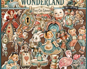 WONDERLAND COLLECTION Fussy Cuts Ephemera – Printable Junk Journal Kit Supplies Alice in Wonderland Characters & Decorative Elements