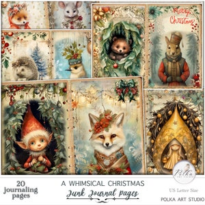 Christmas Junk Journal Kit, Whimsical Christmas Animals, Winter Decorative Journaling Pages, Vintage Fantasy Christmas Digital Journaling