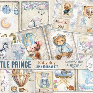 Junk Journal Kit Vintage Shabby Chic Baby Boy Journal, pastel decoratief papier voor jongens, cadeau, dagboek, afdrukbare babypapieren, babyplakboek