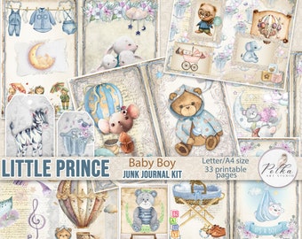 May include: A digital printable junk journal kit for scrapbooking with a baby boy theme. The kit includes 33 pages with images of a hot air balloon, a teddy bear, a zebra, a mouse, a baby in a crib, and other baby-related images. The kit is designed for letter/A4 size paper.