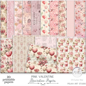 Junk Journal Romantic Pink Valentine Pages, Love Vintage decorativo, Pacote de papel Retrato, Papéis de paisagem Download instantâneo, Papéis vintage