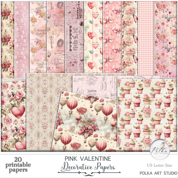 Junk Journal Romantic Pink Valentine Pages, Love Vintage decorative, Paper Pack Portrait, Landscape papers Instant download, Vintage Papers