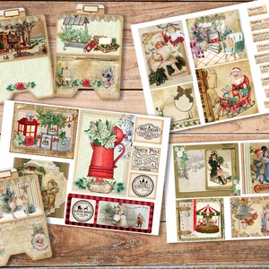 May include: A set of vintage Christmas themed printable digital papers. The papers feature images of a winter scene, a Christmas tree, a Santa Claus, a reindeer, and a Christmas village. The papers are perfect for scrapbooking, card making, and other craft projects.