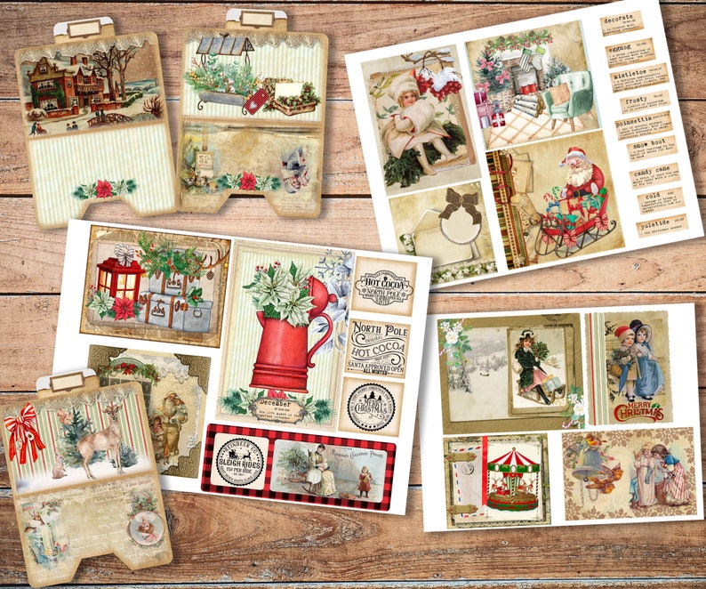 May include: A set of vintage Christmas themed printable digital papers. The papers feature images of a winter scene, a Christmas tree, a Santa Claus, a reindeer, and a Christmas village. The papers are perfect for scrapbooking, card making, and other craft projects.
