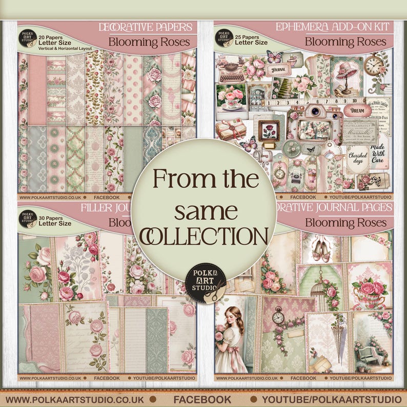 May include: A collection of decorative papers and ephemera add-on kits with a floral theme. The designs feature blooming roses in shades of pink, green, and cream. The text includes "Blooming Roses", "Decorative Papers", and "Ephemera Add-on Kit".