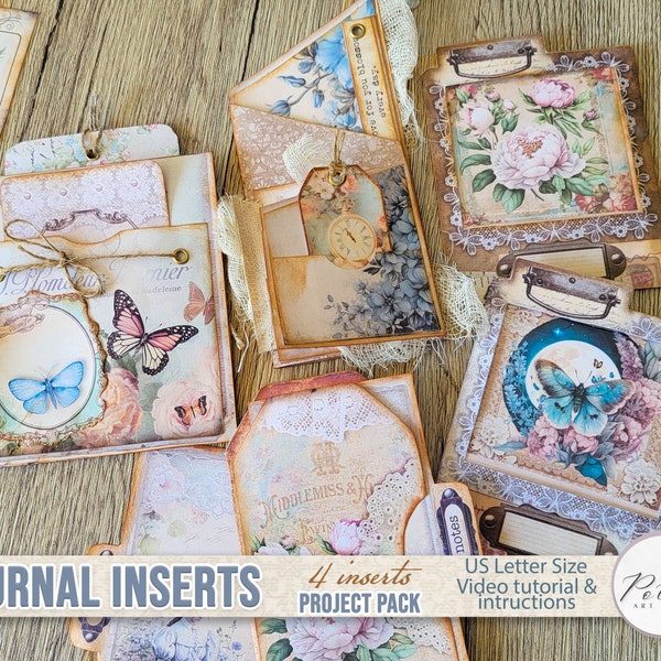 Digital Junk Journal Inserts 4 Pack Kit, Vintage Ephemera, Trifold, Tags, Labels, Specimen Slide, Flip Card, Printable Decorative Elements
