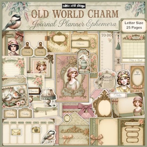 Digital Shabby Chic Junk Journal Ephemera Add-on Printable Planner, Romantic Yearly Planning, Cards, Tags