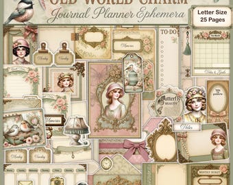 Digital Shabby Chic Junk Journal Ephemera Add-on Printable Planner, Romantic Yearly Planning, Cards, Tags