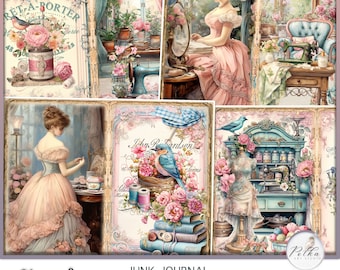 May include: A digital collage kit for junk journaling featuring vintage images of women sewing, birds, flowers, and sewing supplies. The kit includes a variety of images in a pink, blue, and green color scheme. The text "Seams of the Past" and "Junk Journal Kit" is included in the image.