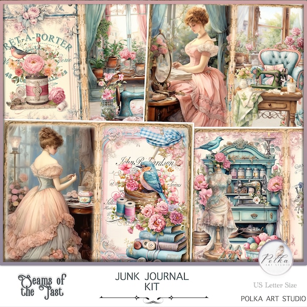 Digital Junk Journal Kit, Victorian Sewing Journaling Papers, Vintage Digital Download Decorative  Papers, Shabby Chic Seamstress Crafting