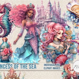 Digitale clipart illustratie set, marine, zeemeermin fantasie clipart, afdrukbare png-aquarel, stickers, vintage, junk journal pietluttig bezuinigingen
