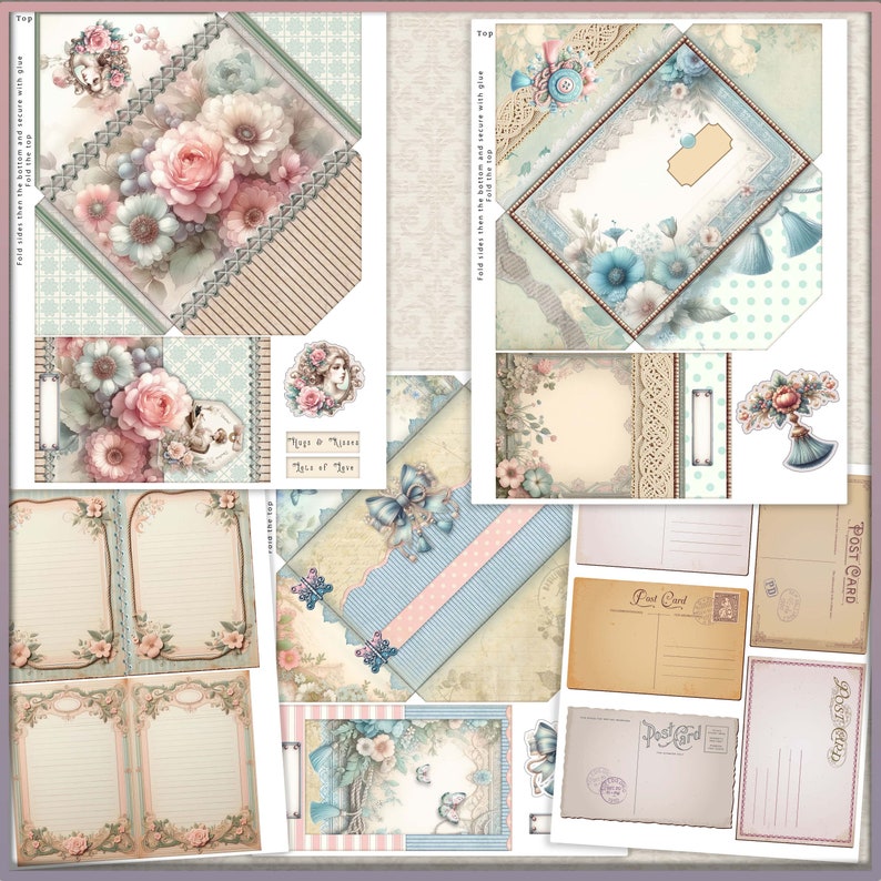 Carnet de voyage numérique imprimable, enveloppes shabby chic, embellissements de courrier et de lettres, coupes difficiles, kit de papeterie, papiers, enveloppe vintage image 3