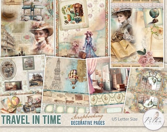 Scrapbook Paper Pack Travel In Time Victorian Crafting Paper, Digi Kit, Printable Vintage Craft Kit, Digital Download, Vintage Collage Pages