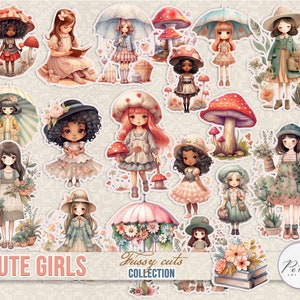 Junk-Journal Fussy schneidet Cute Cottage Girls Sammlung, digitaler Download, Cricut, digitale Aufkleber, Journal Verzierungen, Planer Aufkleber