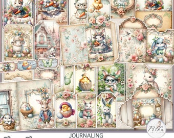 Digital Junk Journal Kit Add-on, Shabby Chic Easter Bunnies, Vintage Pastel Ephemera, Decorative Tags, Envelopes, Cards, Victorian Rabbits