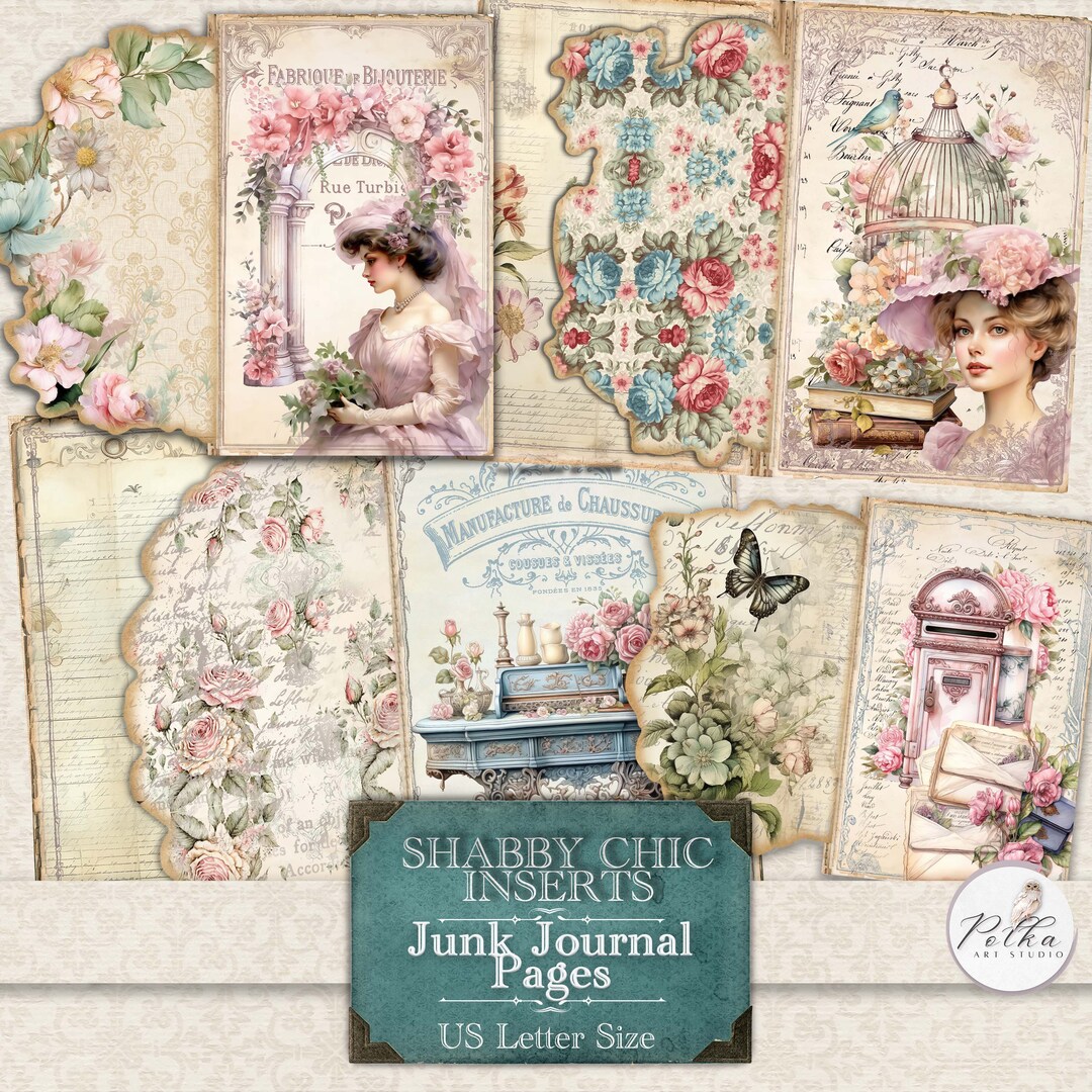 Shabby Chic Floral Junk Journal Pages: Roses, Watercolor Designs ...
