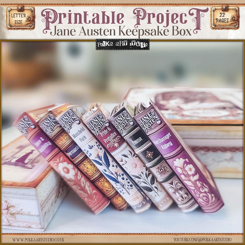 May include: A set of six miniature books featuring Jane Austen titles, including "Sense & Sensibility", "Pride & Prejudice", "Mansfield Park", "Emma", and "Northanger Abbey". The books are stacked on top of each other and are arranged in a decorative box. The box is made of wood and has a light brown finish. The books are printed with a vintage design and have a brown and gold colour scheme.