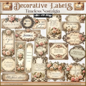 Kit de etiquetas de papel para efímeras vintage Shabby Chic de Digital Junk Journal, cortes delicados, neutros, descarga imprimible, efímeras con palabras y citas victorianas