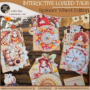 May include: A collection of interactive loaded tags with a fall theme. The tags feature illustrations of women, sunflowers, and clocks, with text that reads "Spinner Wheel Edition," "Collect Beautiful Moments," and "Your Season to Shine." The set includes four elements.
