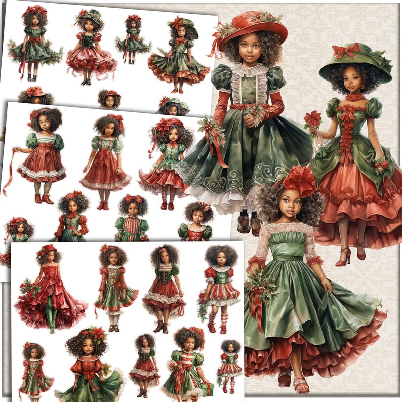K&ouml;nnte beinhalten: Eine Sammlung von 20 digitalen Bildern mit Illustrationen von jungen M&auml;dchen in festlichen Kleidern in Rot und Gr&uuml;n mit verschiedenen Accessoires. Die M&auml;dchen haben dunkle Haut und lockiges Haar.