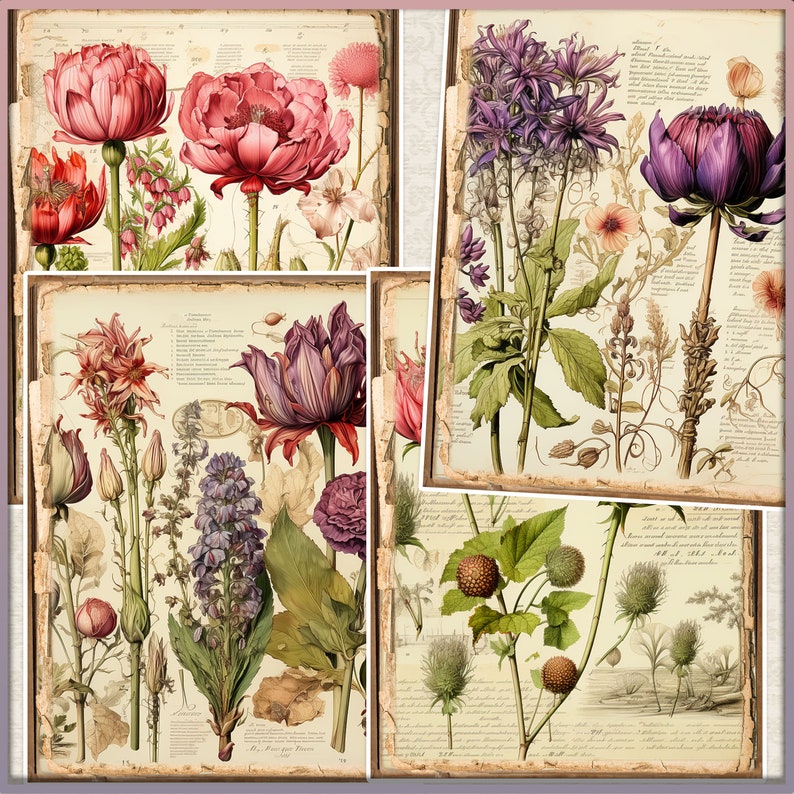 May include: A vintage botanical illustration featuring four different types of flowers. The flowers are depicted in a realistic style with intricate details. The illustration is set against a background of old paper with handwritten text.