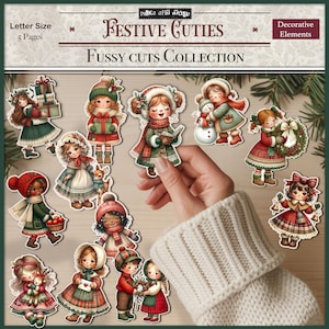 May include: A collection of festive die-cut paper dolls with winter clothing and accessories. The paper dolls are in various poses, holding gifts, snowmen, and wreaths. The text on the packaging reads "Festive Cuties" and "Fussy Cuts Collection."