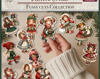 May include: A collection of festive die-cut paper dolls with winter clothing and accessories. The paper dolls are in various poses, holding gifts, snowmen, and wreaths. The text on the packaging reads "Festive Cuties" and "Fussy Cuts Collection."
