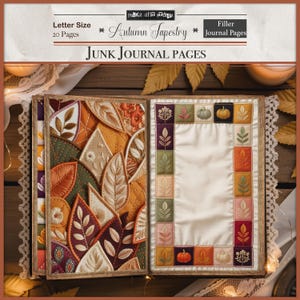 May include: Open junk journal pages with a wooden frame. The left page features a quilted leaf design in shades of orange, green, and cream. The right page has a white center with a colorful border of squares with leaf and pumpkin motifs. Text reads "Autumn Tapestry".