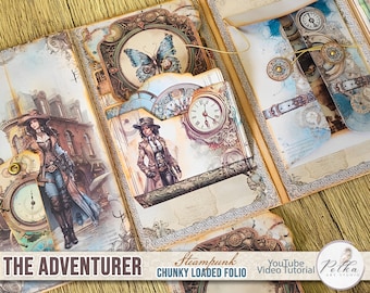 May include: A steampunk themed chunky loaded folio with a vintage aesthetic. The folio features a brown leather cover with gold accents and a variety of embellishments, including gears, clocks, and a butterfly. The folio is open to reveal a variety of pockets and compartments, including a pocket with a clock face and a pocket with a butterfly design. The folio also features a YouTube video tutorial.