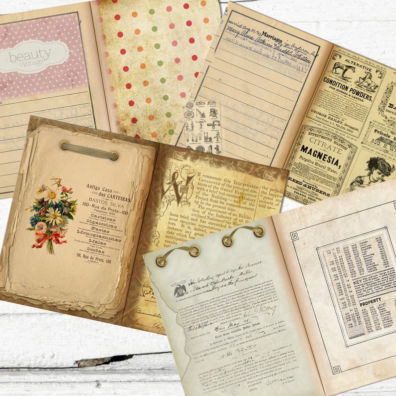 Junk Journal Blank decorative 30 double pages Pack / Neutral Vintage color papers / Instant download image 4