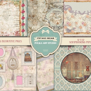 Scrapbooking Paper Kit &quot;Vintage Dream&quot; decorative Papers 12 by 12 in Instant download ,Vintage pages,Digital Scrapbook