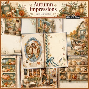 May include: Autumn Impressions junk journal kit featuring various printed pages with illustrations of cozy autumn scenes, including a person reading, a person taking a photo, pumpkins, hot beverages, and rustic buildings in warm seasonal colors.