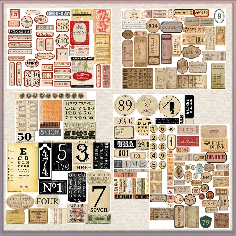 Digital Printable Junk Journal Vintage Ephemera Kit, Junk Journaling Tags, Labels, Tickets, Numbers, Printable Papers, Journaling Supplies zdjęcie 4