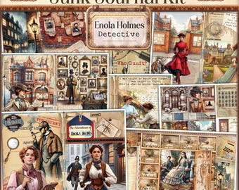May include: A digital collage kit for junk journaling featuring a vintage detective theme. The kit includes images of a young woman in a red dress, a man in a detective coat, and a variety of other vintage illustrations. The text "Enola Holmes Detective" and "Who Dunit?" are featured in the collage.