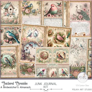 Kit diario digitale di uccelli spazzatura, pagine di diario dell'almanacco degli uccelli vittoriani, carte decorative digitali vintage con acquerelli pastello