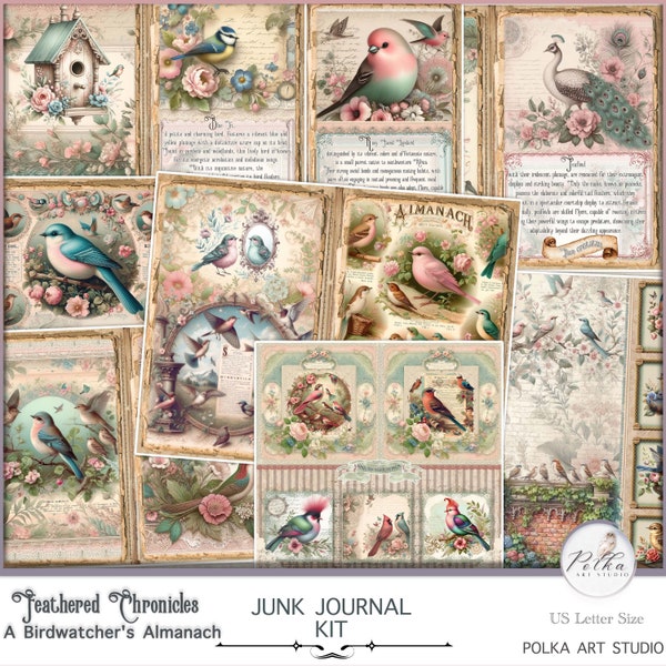 Digital Birds Junk Journal Kit, Victorian Birds Almanach Journaling Pages, Pastel Watercolor Vintage Digital Download Decorative Papers