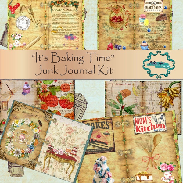 Junk Journal "It's Baking Time" Cook Book- 23 pages kit /Recipes /  Instant digital download