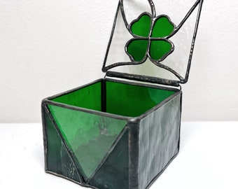 Leprechaun's schatkist, juwelendoos, glas in lood, aandenken, klavertje vier, smaragdgroen