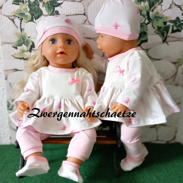 4-Set Tunika, lange Hose, Mütze und Schuhe rosa Schmetterlinge Puppenkleidung 43cm Baby Born Puppensachen 40 - 45 cm Annabelle Babypuppe