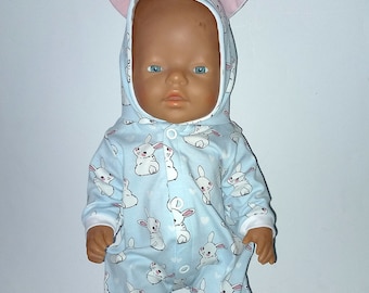 Doll suit with ears Doll clothes 43 cm one-piece light blue Doll clothes 40 - 45 cm Annabelle Baby Born baby doll