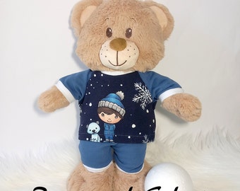 Kleidung für 35-40cm Bär Teddy*Bärenkleidung Set kleiner Junge mit Hund Pulli und Hose blau weiß Winter kurz Puppenkleidung