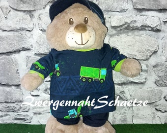 Kleidung für 35-40cm Bär Teddy*Bärenkleidung 3 - Set Pulli und Hose blau grün  Puppenkleidung  43cm  Baufahrzeuge Kran Bagger KipperJungs