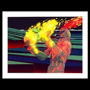 May include: Digital art print of a futuristic figure in a red and gray suit, wielding a weapon that emits yellow and red energy blasts. The background features a dark, geometric landscape with red and blue accents.