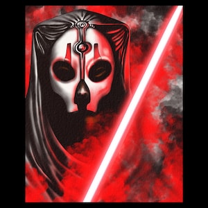 May include: A digital illustration of a masked figure with a red lightsaber in front of a red and black background.