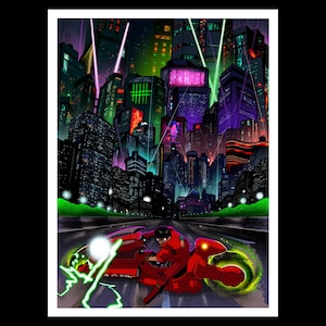 May include: A red and black motorcycle with a rider in a red jumpsuit, driving through a futuristic city with neon lights and skyscrapers.