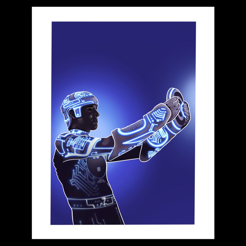 May include: A blue and black futuristic character wearing a helmet and glowing blue armor. The character is holding a glowing blue disc in their right hand.
