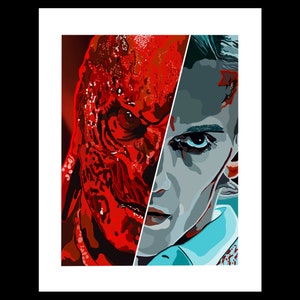 May include: A digital illustration of a man's face with a red, bloody, monster-like face superimposed over the right side of his face.