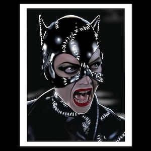 May include: A close-up portrait of a woman wearing a black leather catsuit with a black leather mask. The mask has stitched details and a cat-like design. The woman is looking directly at the viewer with a fierce expression and her mouth is open in a scream.