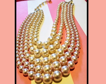 Vintage 1960s 5 Strand Statement 2 Tone Faux Pearls Made in Japan Hook & Chain Closure 16" Choker Necklace