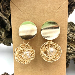 Pearl sphere earrings,  dangle earrings, gold circle earrings, geometric earrings.